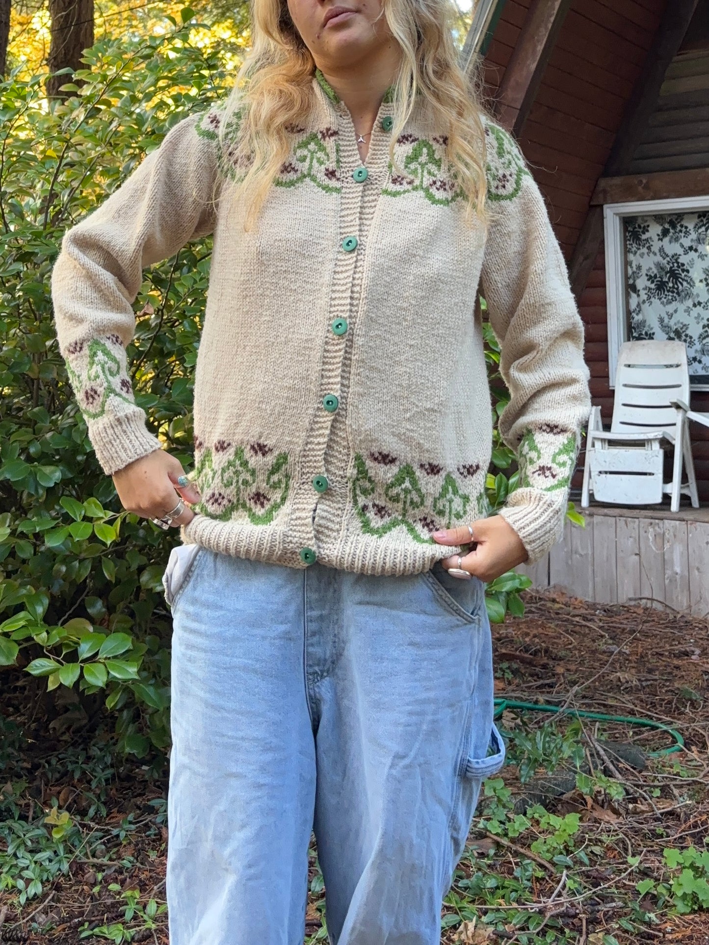 vintage handmade wool cream & green sweater