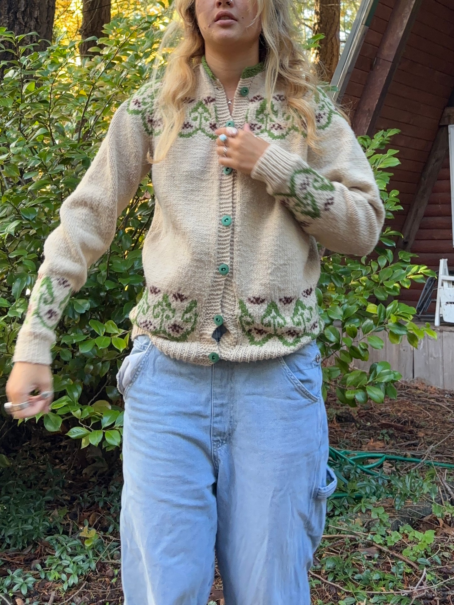 vintage handmade wool cream & green sweater